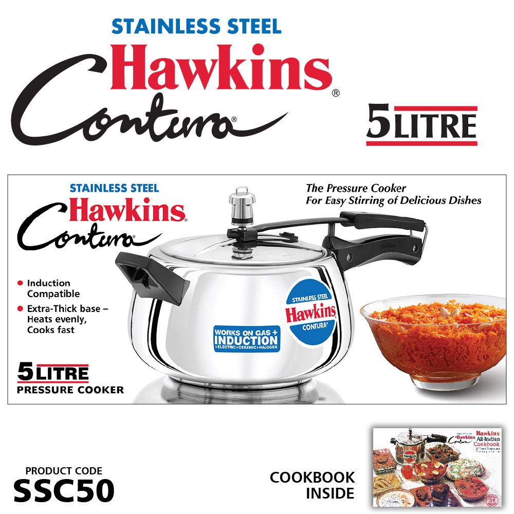 Hawkins Stainless Steel Contura Induction Compatible Inner Lid Pressure Cooker, 5 Litres - SSC50