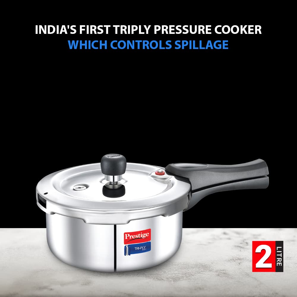 Prestige Svachh Triply Outer Lid Pressure Cooker with Unique Deep Lid for Spillage Control 2 Litres, 304 Stainless Steel Inner Surface, Thick Gauge Aluminium - 20701