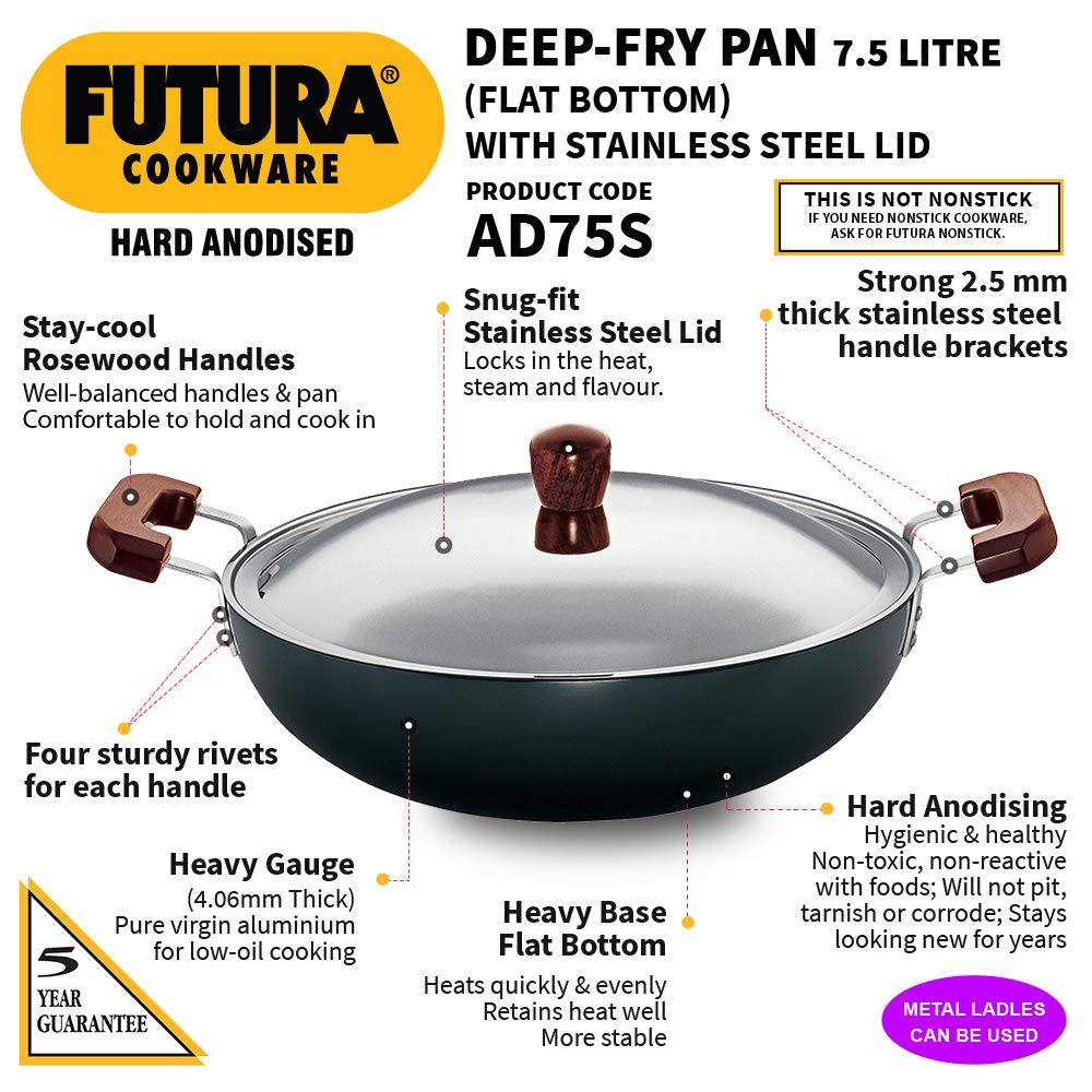 Hawkins Futura Hard Anodised Flat Bottom Deep Fry Pan With Stainless Steel Lid 7.5 Litres | 36 cms, 4.06mm - AD 75S