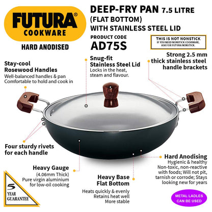 Hawkins Futura Hard Anodised Flat Bottom Deep Fry Pan With Stainless Steel Lid 7.5 Litres | 36 cms, 4.06mm - AD 75S