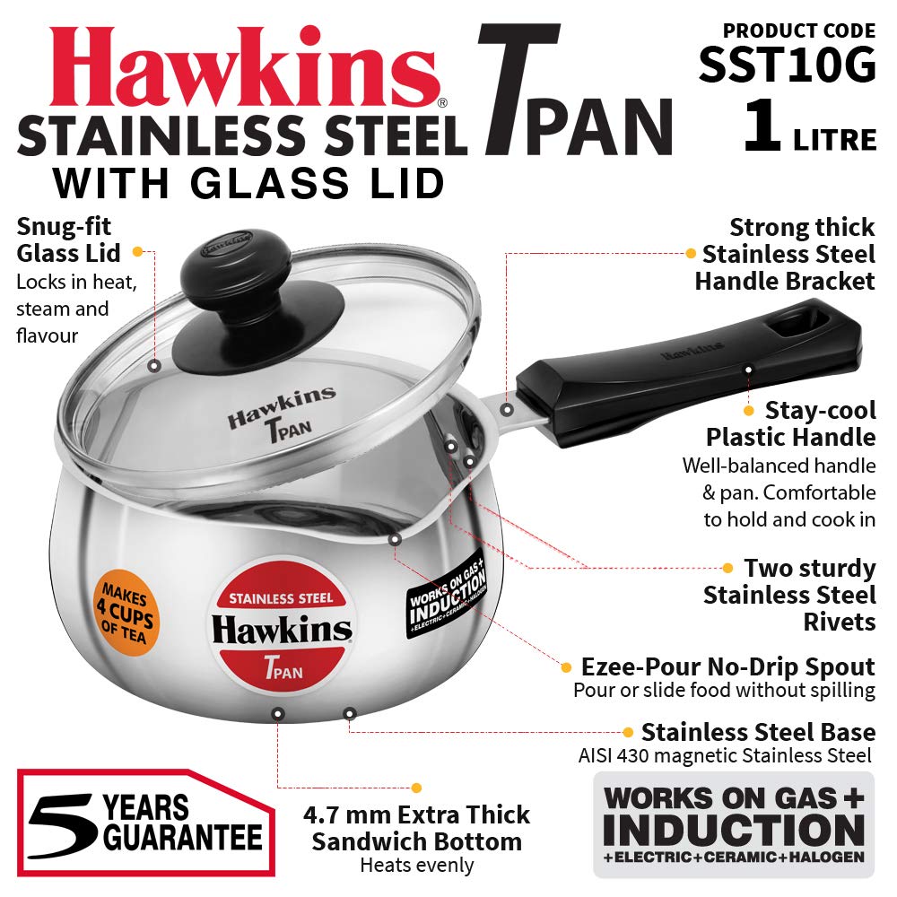 Hawkins 1 Litre Tpan With Glass Lid, Stainless Steel Tea Pan, Induction Base Sauce Pan, Chai Pan, Small Pan - SST10G