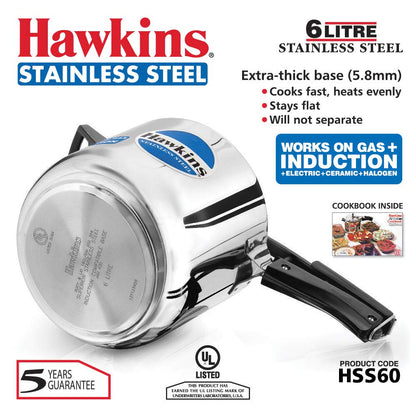 Hawkins Stainless Steel Induction Compatible Inner Lid Pressure Cooker, 6 Litres - HSS60