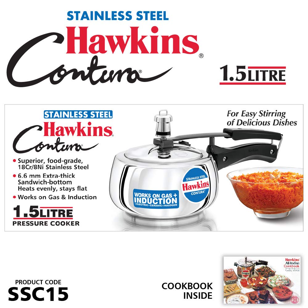 Hawkins Stainless Steel Contura Induction Compatible Inner Lid Pressure Cooker, 1.5 Litres - SSC15