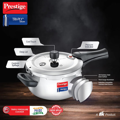 Prestige 3 Litre Svachh Tri-Ply handi pressure cooker Outer Lid | Deep Lid for spillage control | Metallic Safety Plus | 5 years warranty - 20706