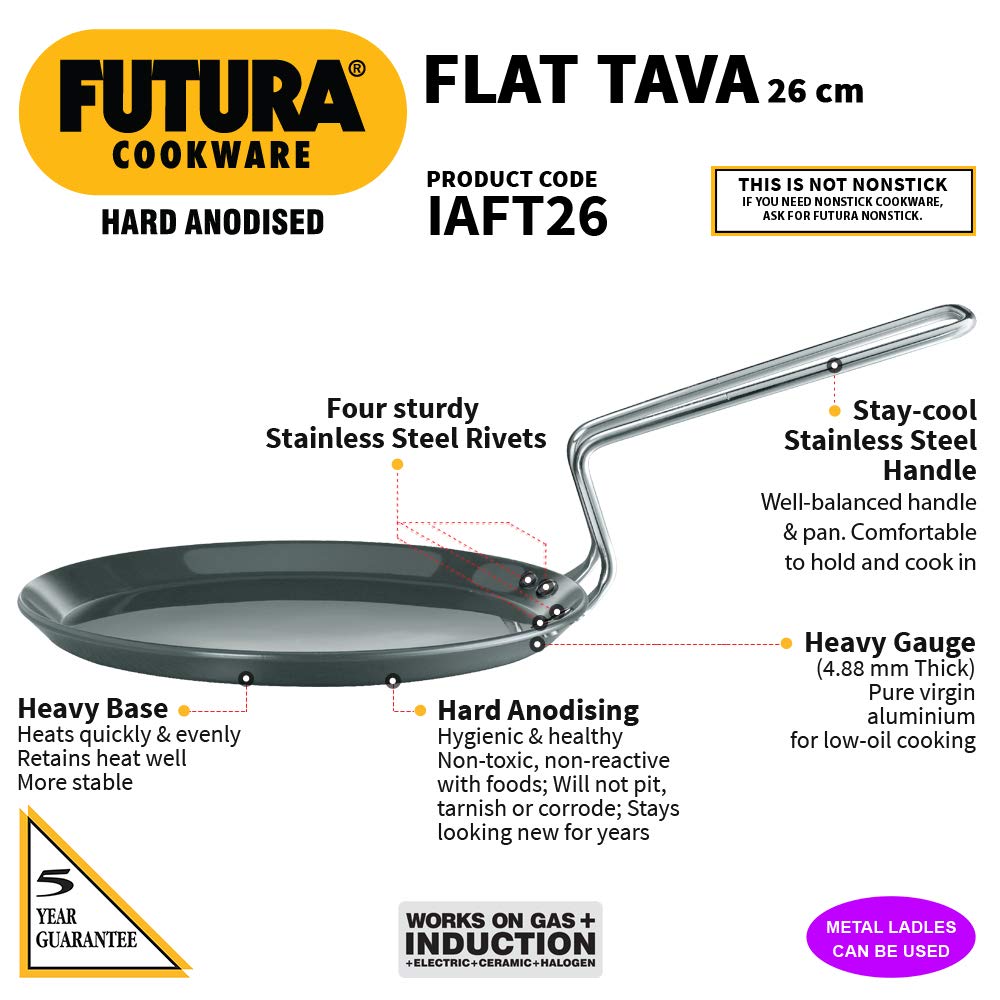 Hawkins Futura Hard Anodised Induction Base Flat Tava 26 cm, 4.88 mm - IAFT26