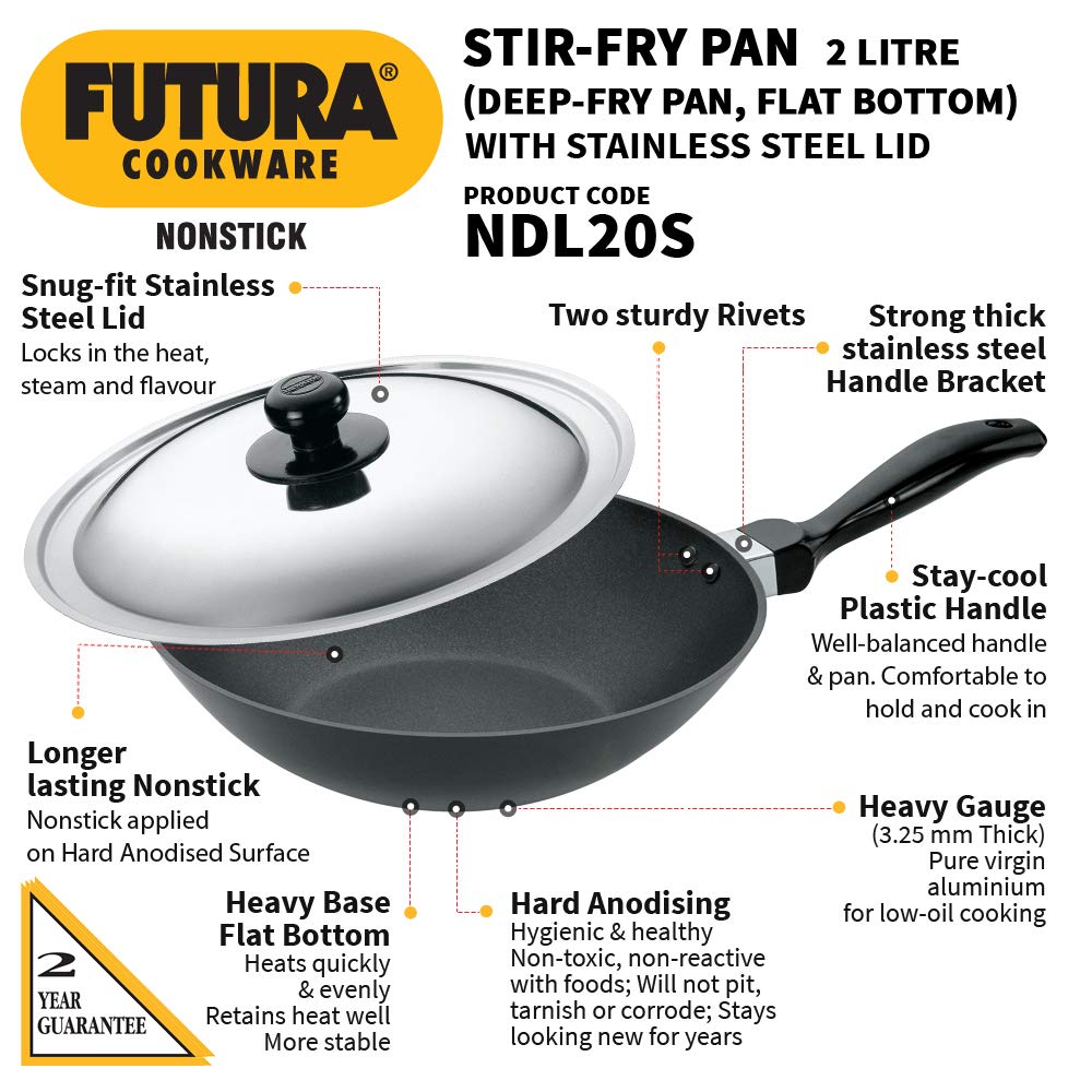 Hawkins Futura Non-stick Flat Bottom Deep Stir Fry Pan With Stainless Steel Lid 2 Litres | 26 cms, 3.25mm - NDL 20S