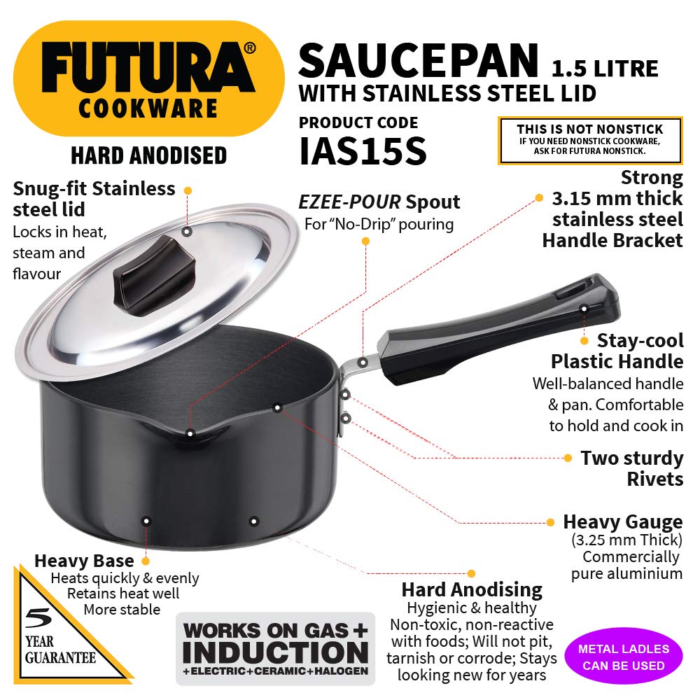 Hawkins Futura Hard Anodised Sauce Pan With Stainless Steel Lid 1.5 Litres | 16cm, 3.25mm, Induction Base - IAS 15S