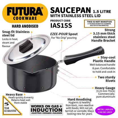 Hawkins Futura Hard Anodised Sauce Pan With Stainless Steel Lid 1.5 Litres | 16cm, 3.25mm, Induction Base - IAS 15S