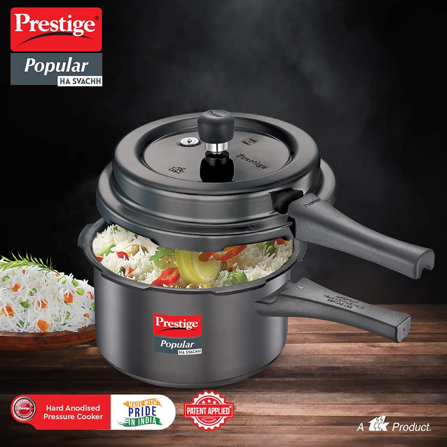 Prestige Popular Svachh Hard Anodised Pressure Cooker 3.0 Litres, Black, Deep Lid-Controls Spillage - 20335