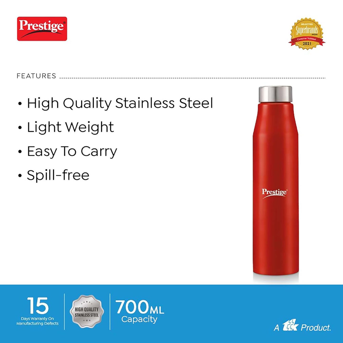 Prestige PSSB 04 SS Single Walled Stainless Steel Water Bottle 700 ml (Pack of 1) - 42925