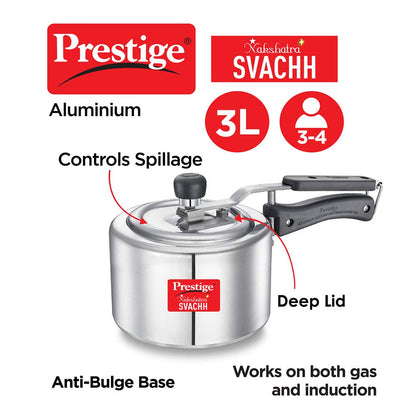 Prestige Svachh 3 Litres, Straight Wall Aluminium Inner Lid Pressure Cooker, with deep lid for Spillage Control - 10733