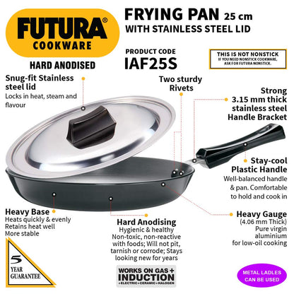 Hawkins Futura Hard Anodised Fry Pan With Stainless Steel Lid 25 cms | 4.06mm, Induction Base - IAF 25S