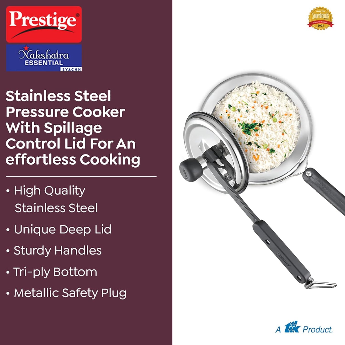 Prestige Nakshatra Essential Svachh Stainless Steel Pressure Cookers 2 Litres, Silver, Tri-Ply Bottom, Inner Lid - 20536