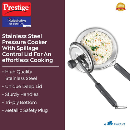 Prestige Nakshatra Essential Svachh Stainless Steel Pressure Cookers 2 Litres, Silver, Tri-Ply Bottom, Inner Lid - 20536