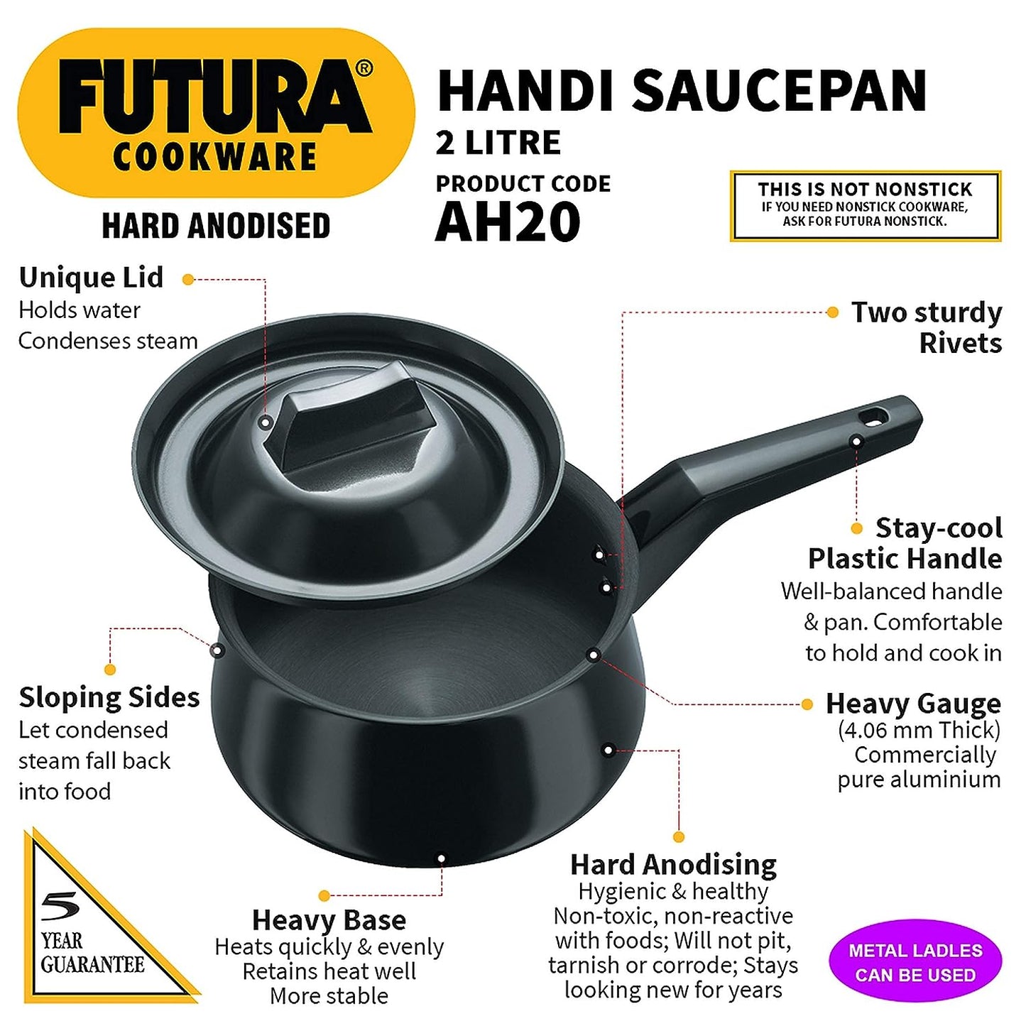 Hawkins Futura Hard Anodised Cook n Serve Handi (Sauce Pan) 2 Litres | 18cm, 4.06mm - AH 20