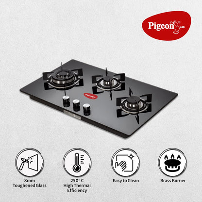 Pigeon Ornate Italian 3 Burner Hob, Multi Spark Integrated Auto Ignition, Scratch Resistant 8 mm Thick Toughened Glasstop Gas Stove -14117