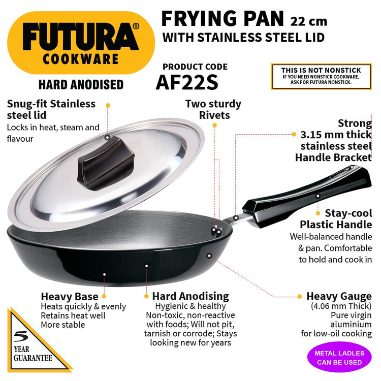 Hawkins Futura Hard Anodised Fry Pan With Stainless Steel Lid 22 cms | 4.06mm - AF 22S