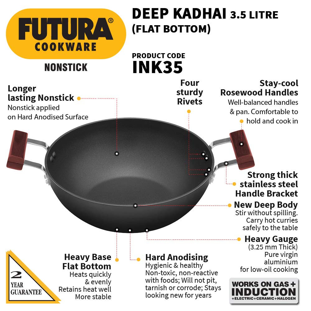 Hawkins Futura Non-stick Flat Bottom Induction Base Deep Kadhai, Fry Pan 3.5 Litres | 26 cms, 3.25mm - INK 35