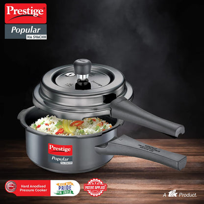 Prestige Popular Svachh Hard Anodised Pressure Cooker 2.0 Litres, Black, Deep Lid-Controls Spillage - 20334