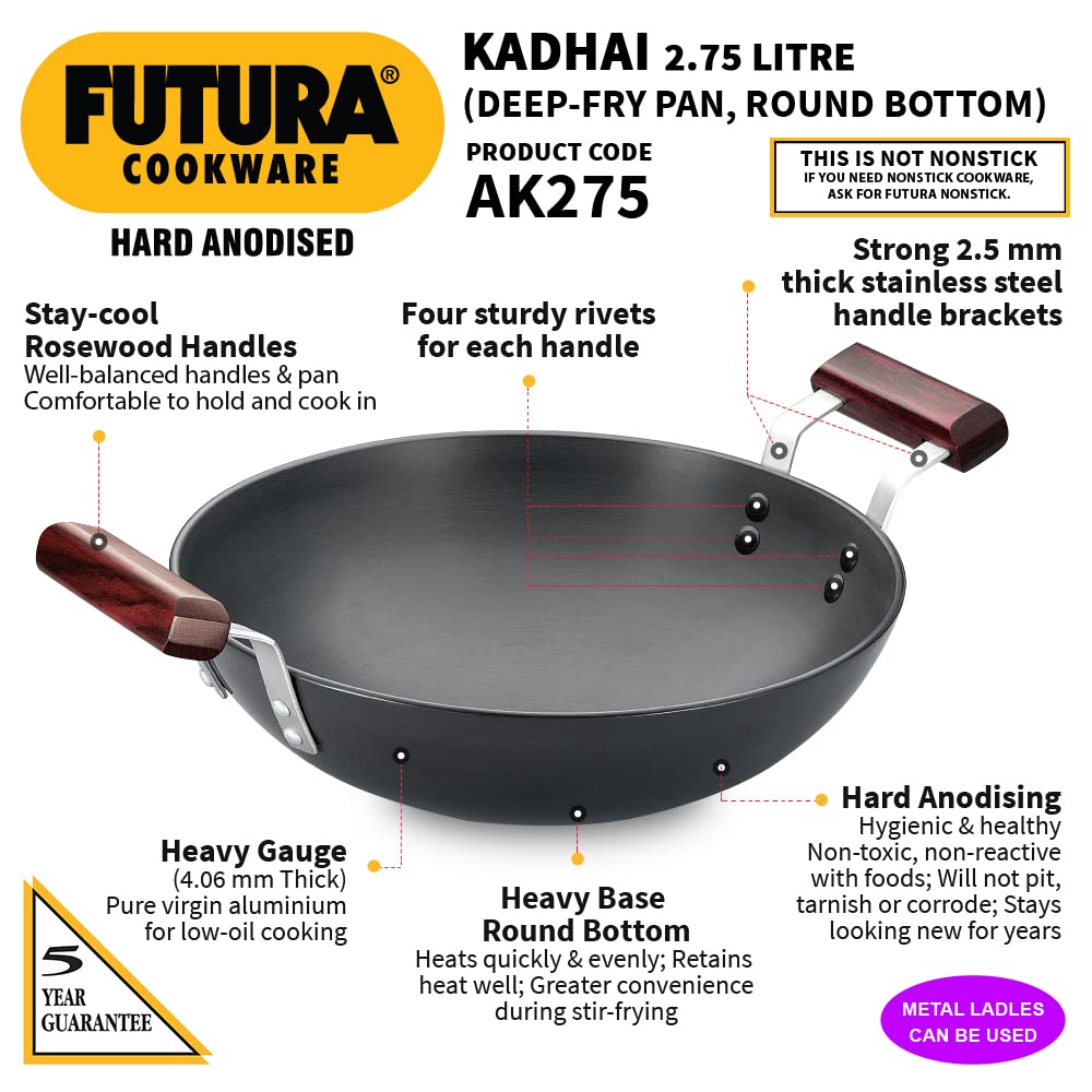 Hawkins Futura Hard Anodised Round Bottom Deep Fry Pan 2.75 Litres | 26 cms, 4.06mm - AK 275