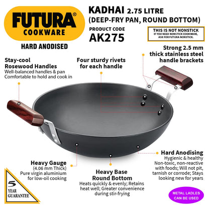 Hawkins Futura Hard Anodised Round Bottom Deep Fry Pan 2.75 Litres | 26 cms, 4.06mm - AK 275