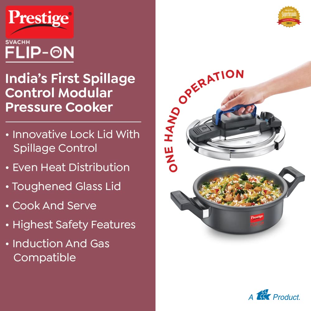 Prestige 3 Litres Svachh FLIP-ON Hard Anodised Pressure Cooker with glass lid | Innovative lock lid with spillage control | Gas & Induction compatible - 20160