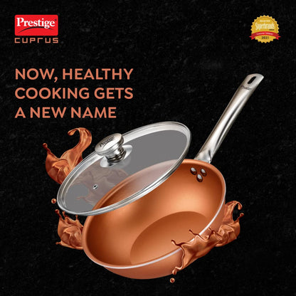 Prestige Cuprus Aluminium Gas and Induction Compatible Non-Stick Kadai with Glass Lid 240mm | 2.5 Litres Copper - 37479