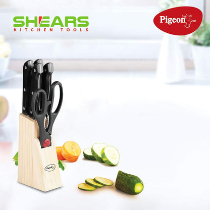 Pigeon Stainless Steel Knife Set 6 Pcs With Wooden Block , Black - 14185