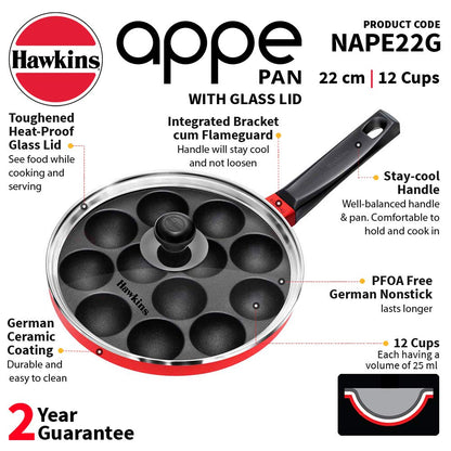 Hawkins Die-Cast Appe Pan | 12 Pits Paniyarakkal With Glass Lid 22cms, Red - NAPE22G