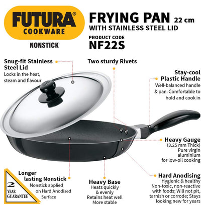 Hawkins Futura Non-stick Fry Pan With Stainless Steel Lid 22 cms, 3.25mm - NF 22S