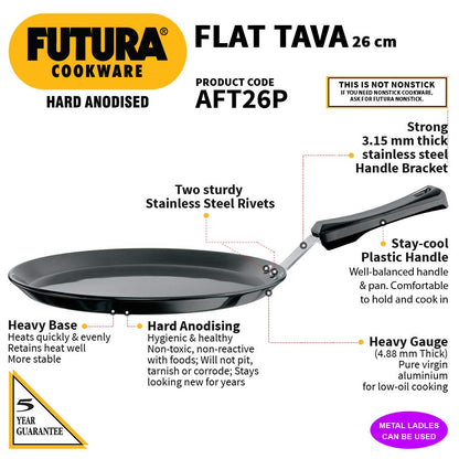 Hawkins Futura Hard Anodised Flat Tava With Plastic Handle 26 cm, 4.88 mm - AFT26P
