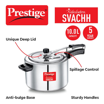 Prestige Nakshatra Svachh 10 Litres, Straight Wall Aluminium Inner Lid Pressure Cooker, with Deep Lid for Spillage Control - 10742