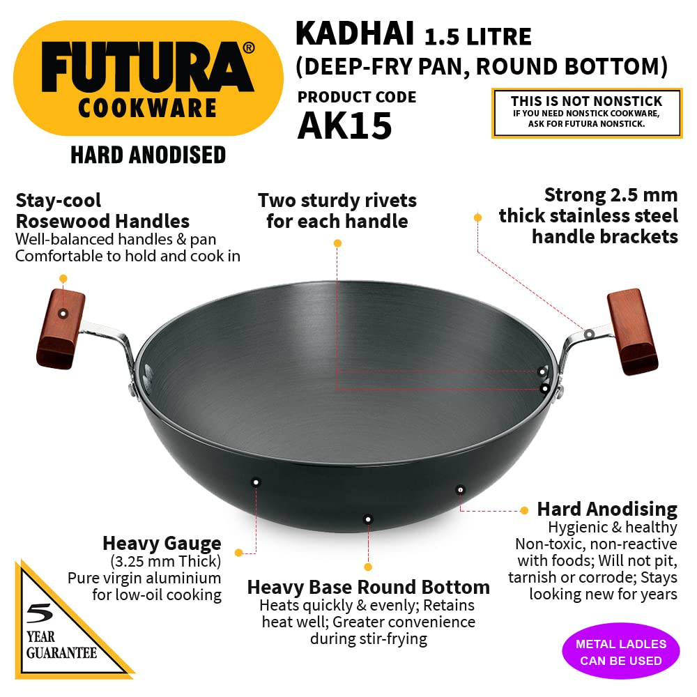 Hawkins Futura Hard Anodised Round Bottom Deep Fry Pan 1.5 Litres | 22 cms, 3.25mm - AK 15