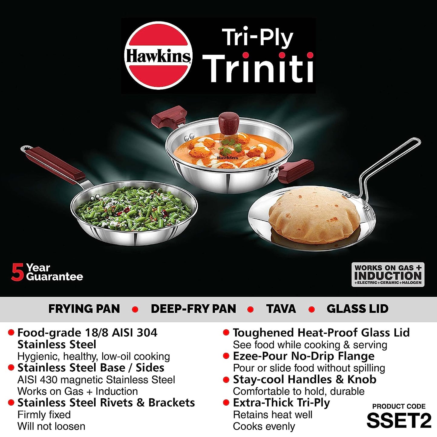 Hawkins Triniti 3 Pieces Triply Stainless Steel Cookware Set (Frying Pan 22cm, Tava 22cm, Deep-Fry Pan with Glass Lid 1.5 Litres) - SSET2