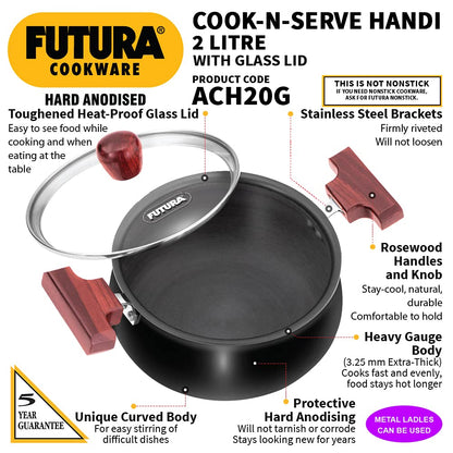 Hawkins Futura Hard Anodised Cook n Serve Handi With Glass Lid 2 Litres | 18cm, 3.25mm - ACH 20G