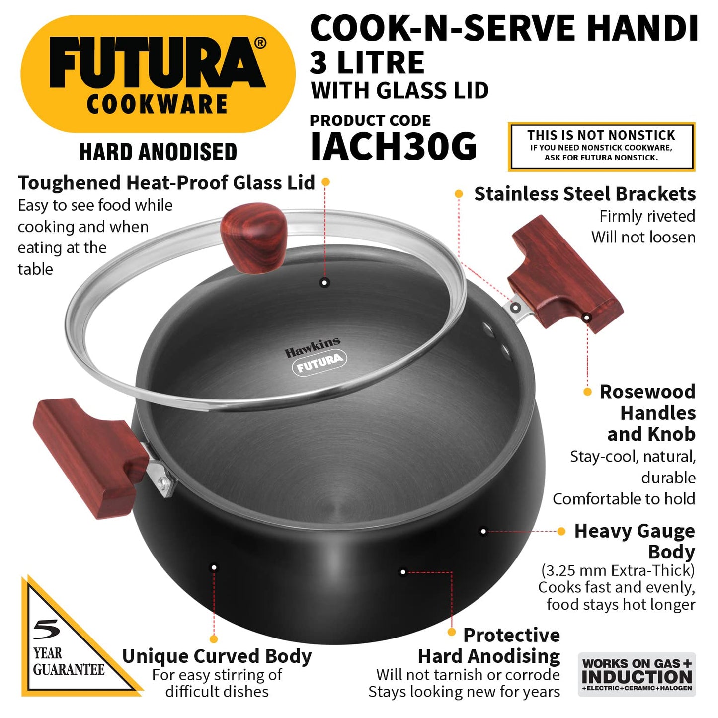 Hawkins Futura Hard Anodised Cook n Serve Handi With Glass Lid 3 Litres | 22cm, 3.25mm, Induction Base - IACH 30G