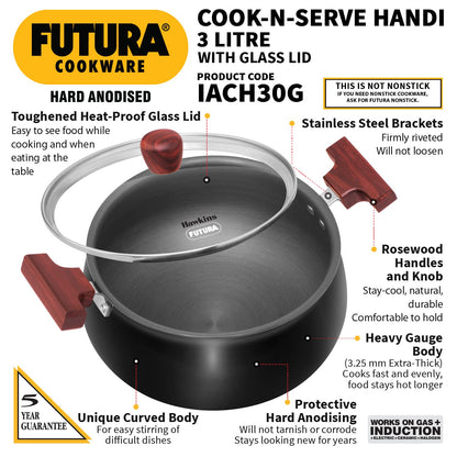 Hawkins Futura Hard Anodised Cook n Serve Handi With Glass Lid 3 Litres | 22cm, 3.25mm, Induction Base - IACH 30G