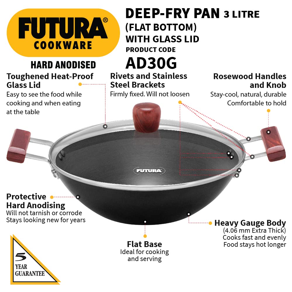 Hawkins Futura Hard Anodised Flat Bottom Deep Fry Pan With Glass Lid 3 Litres | 28 cms, 4.06mm - AD 30G