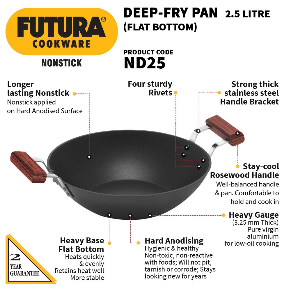 Hawkins Futura Non-stick Flat Bottom Deep Fry Pan 2 Litres | 26 cms, 3.25mm - ND 25