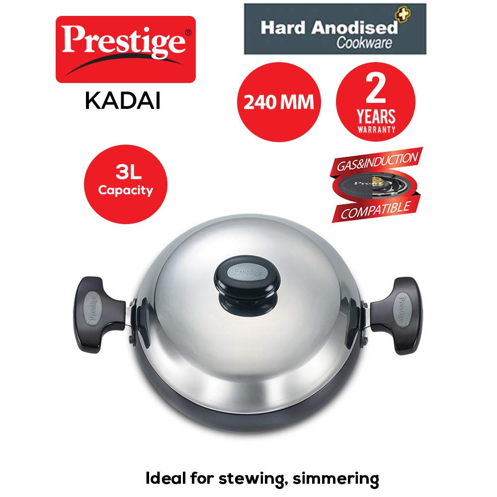 Prestige Induction Base Hard Anodised Aluminium Kadhai with Lid, 24cms | 3 Litres - 30604