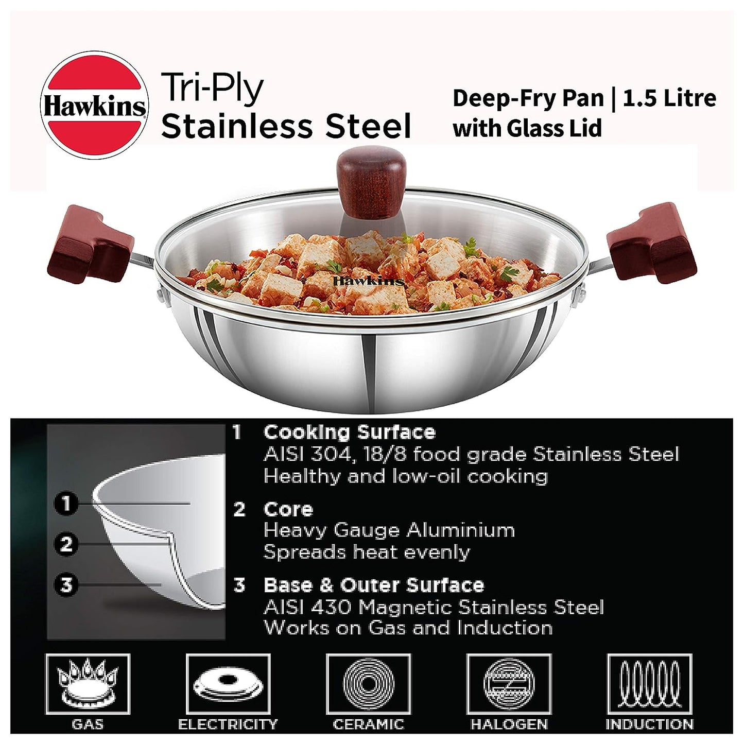 Hawkins Triply Stainless Steel Deep Fry Pan | Kadhai With Glass Lid 1.5 Litres | 22cms, Flat Bottom Induction Base - SSD 15G