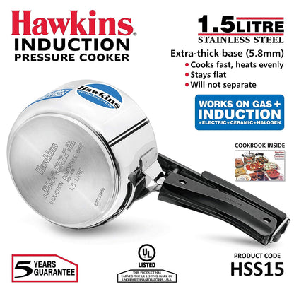 Hawkins Stainless Steel Induction Compatible Inner Lid Pressure Cooker, 1.5 Litres - HSS15