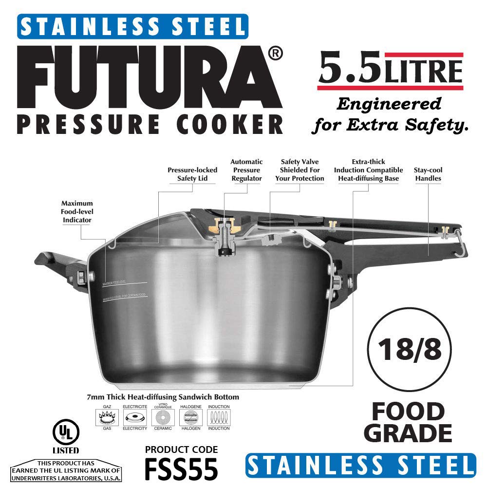 Hawkins Futura Stainless Steel Inner Lid Pressure Cooker Induction Base 5.5 Litres - FSS55