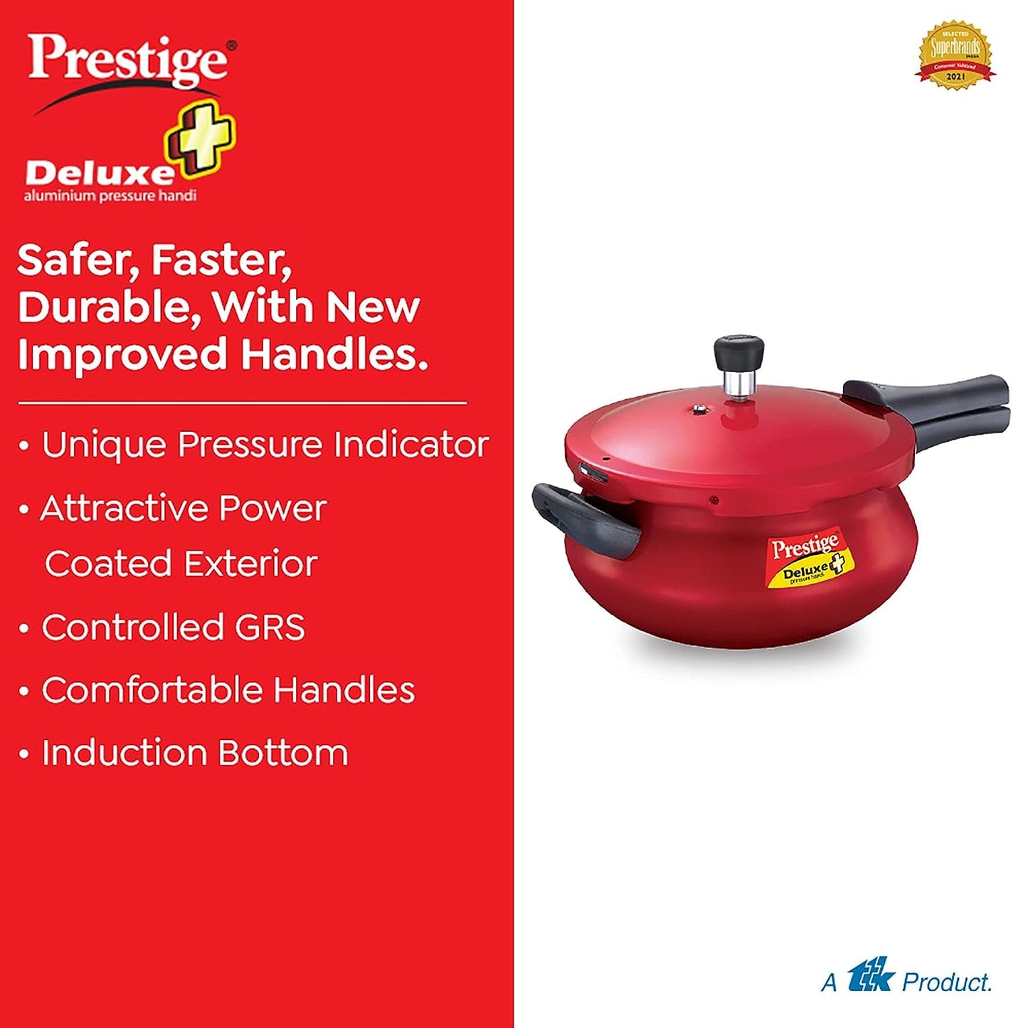 Prestige Deluxe Plus Induction Base Aluminium Outer Lid Pressure Handi, 5 Litres, Red - 10796