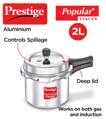 Prestige Popular Plus Svachh Aluminium Gas and Induction Compatible Outer Lid Pressure Cooker 2 Litres (Tall) - 10169