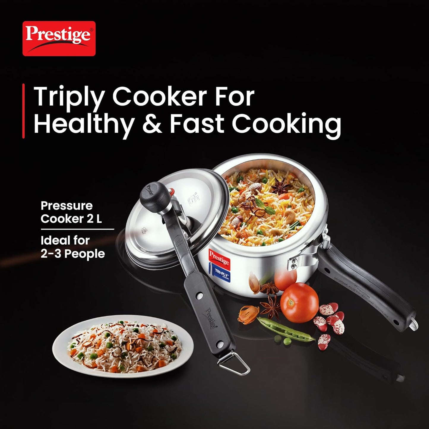 Prestige Triply Svachh Inner Lid Pressure Cooker 2 Litres, Three-Layer Design | Visual Pressure Indicator | Gas And Induction Compatible - 20717