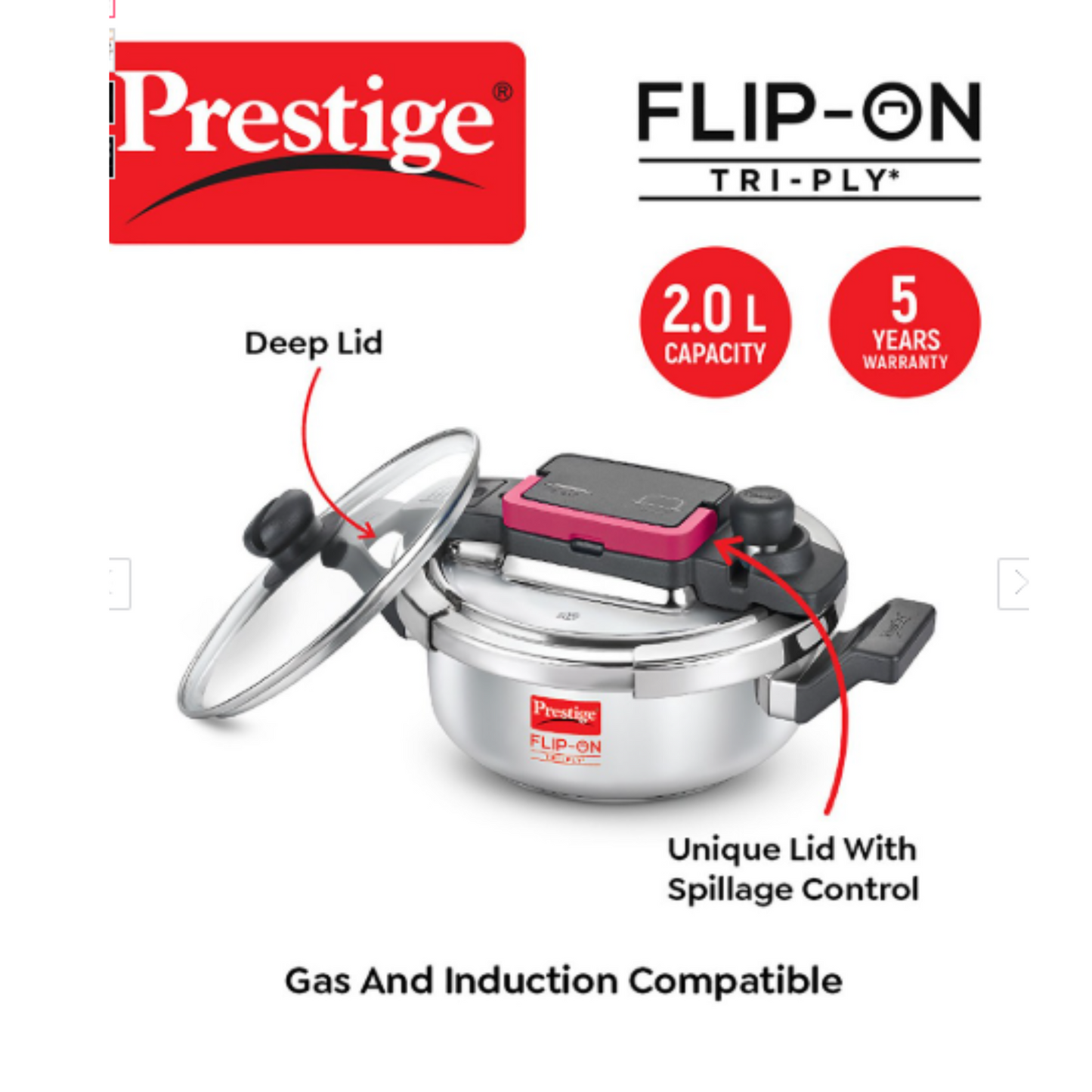 Prestige FLIP-ON TRI-PLY Stainless Steel Pressure Cooker with Glass Lid 18cm | 2 Litres - 20710