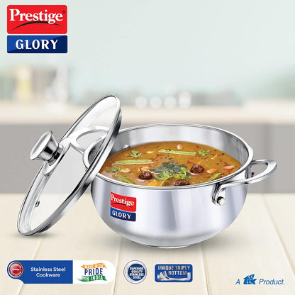 Prestige Glory Stainless Steel Cookware Kadai 22 cms | 3.5 Liters with Glass Lid - 37539