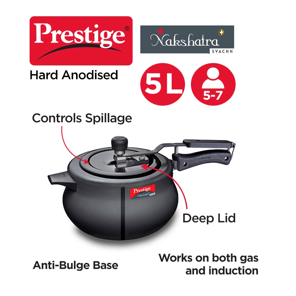 Prestige Nakshatra Plus Svachh Hard Anodized Inner Lid Pressure Handi, 5 Litres, Black - 10761