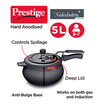 Prestige Nakshatra Plus Svachh Hard Anodized Inner Lid Pressure Handi, 5 Litres, Black - 10761